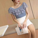Off-shoulder Top Slim Lace Stitching Ruffled Short Sleeves