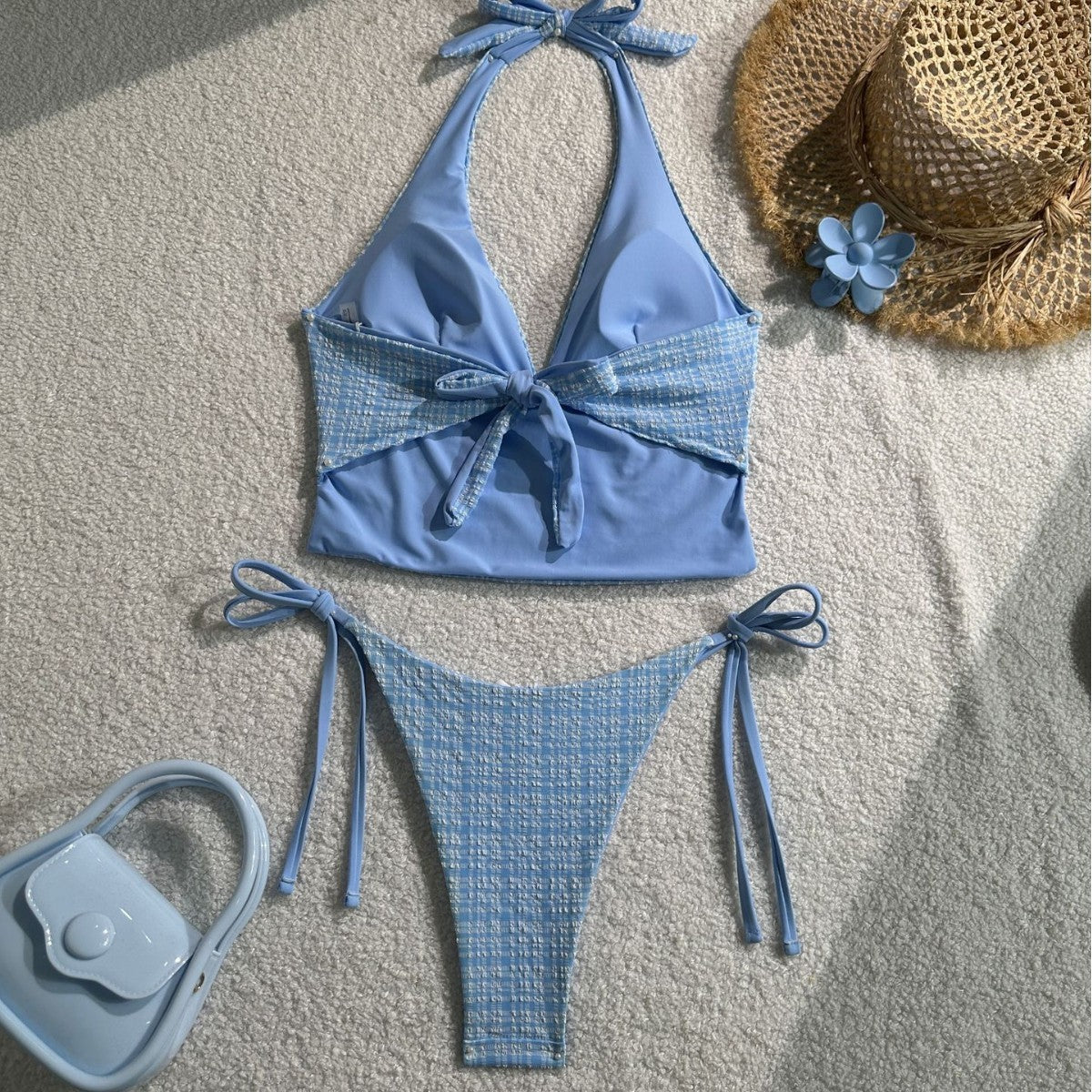 Plaid Collar Sleeveless Slim Fit Top Drawstring Short Lace Pants Suit Women's Swimsuit