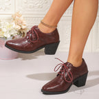 Pointed British Style High Heel Chunky Heel Front Lace-up Low-top Leather Shoes