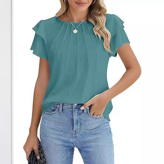 Summer Pleated Short Sleeve Round Neck Top Business Work Shirt