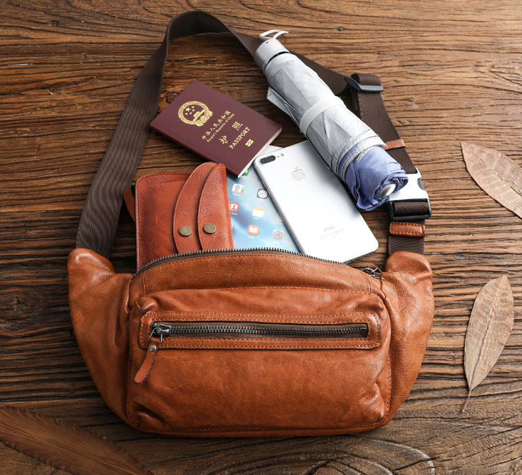 Men's Vegetable Tanned First Layer Leather Chest Bag Casual Shoulder Crossbody Backpack
