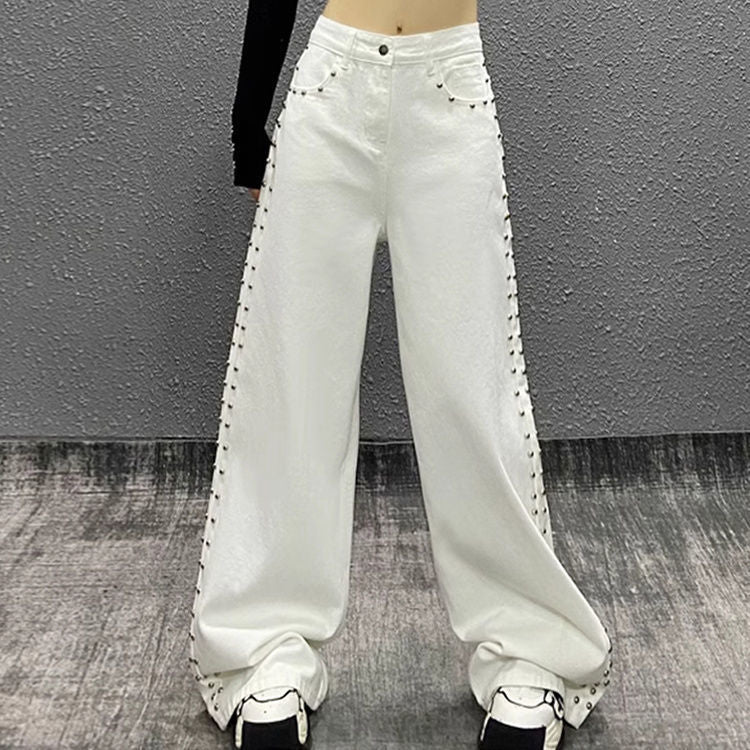 American-style Plus Size Handsome Beaded White Jeans