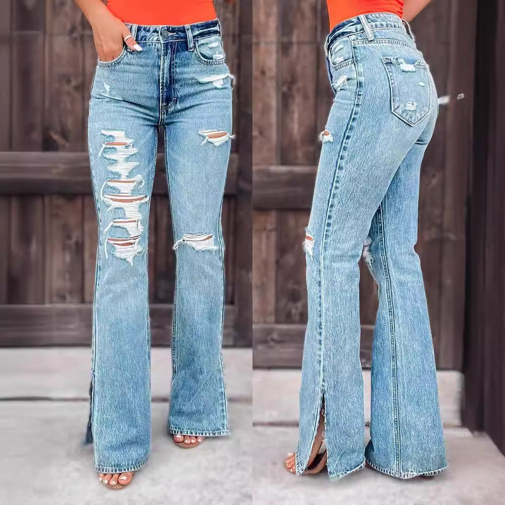 Ladies Jeans High Waist Ripped Slightly Stretch Split Trousers