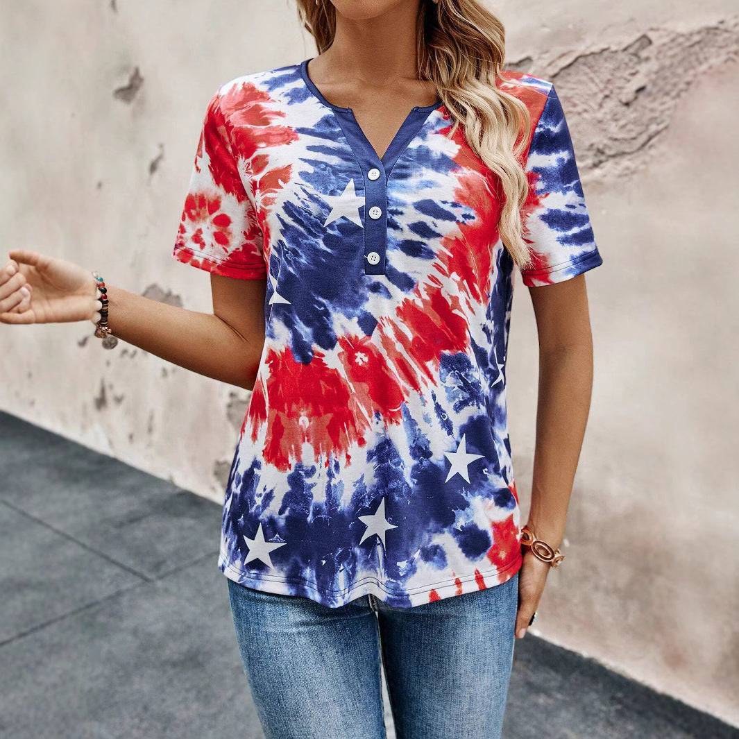 Women's Top V-neck Buttons Tie-dye Printing