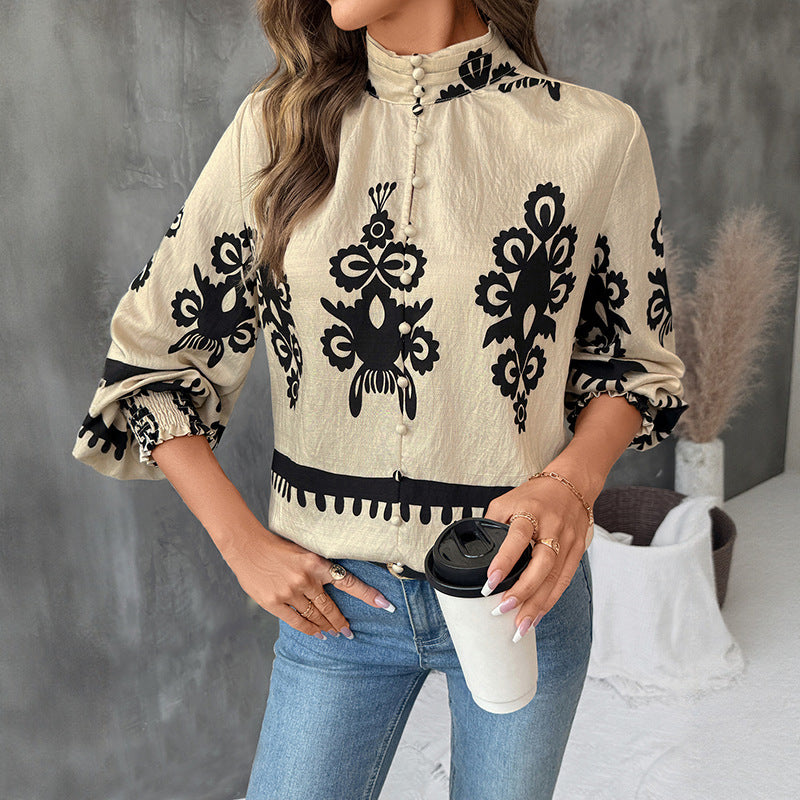 Stand Collar Retro Ethnic Print Long Sleeve Shirt