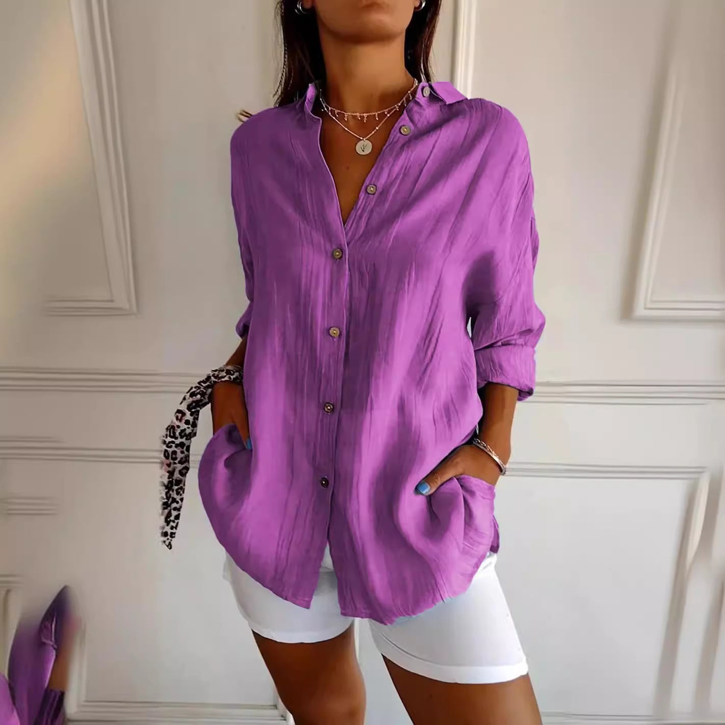 Women's Single-breasted Pleated Lapel Shirt