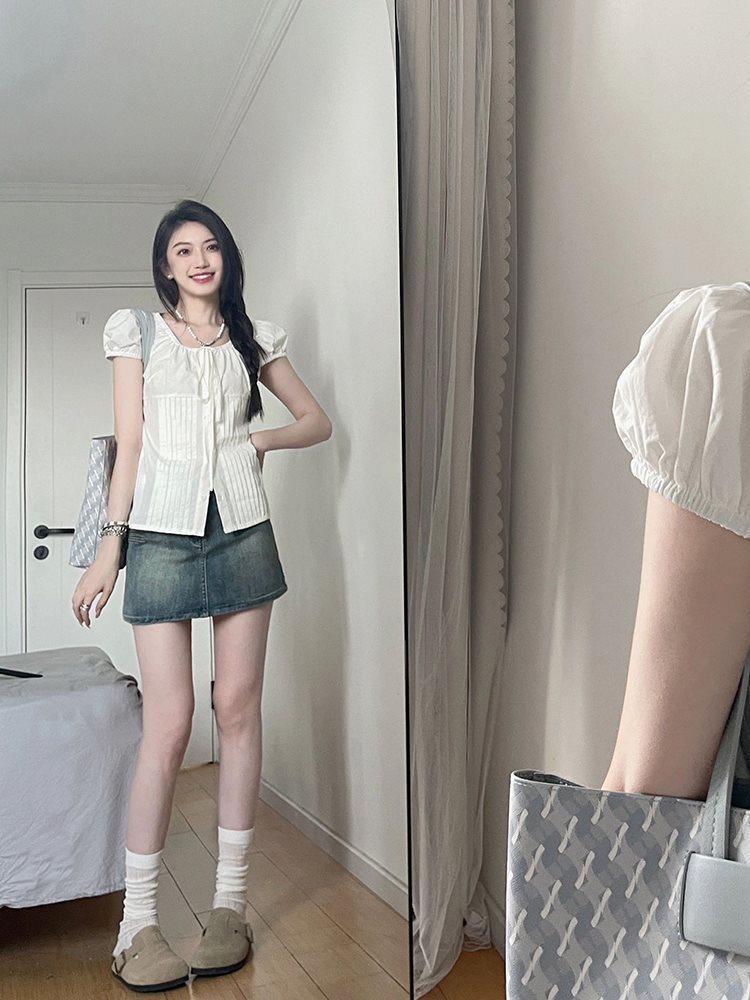 U-collar Shirt Women's Shoulder Slim-fit Short Puff Sleeve Shirt