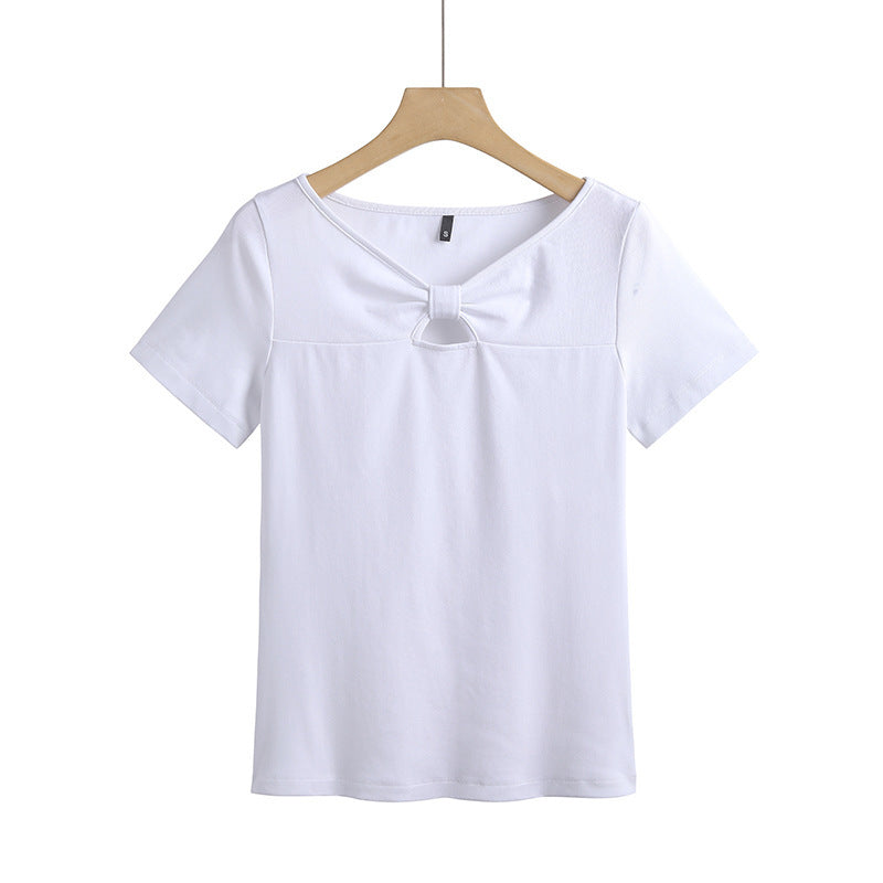 Women's Korean-style Slim-fit Cotton Short-sleeved Hollow-out Chest Bow