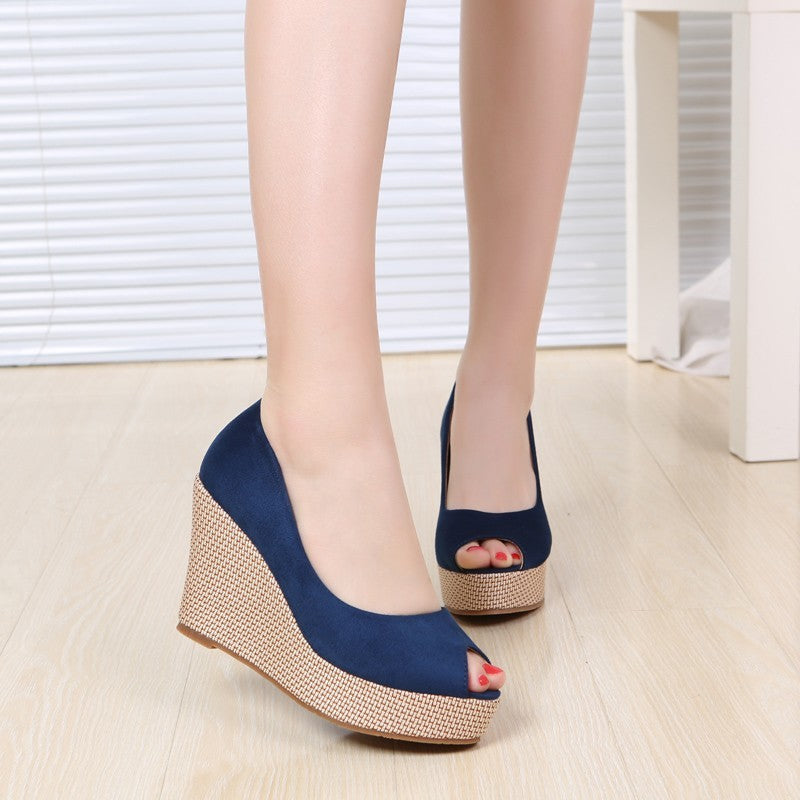 High Heel Peep Toe Wedge Thick Bottom Shallow Mouth Muffin Thick Heel Tide Pumps