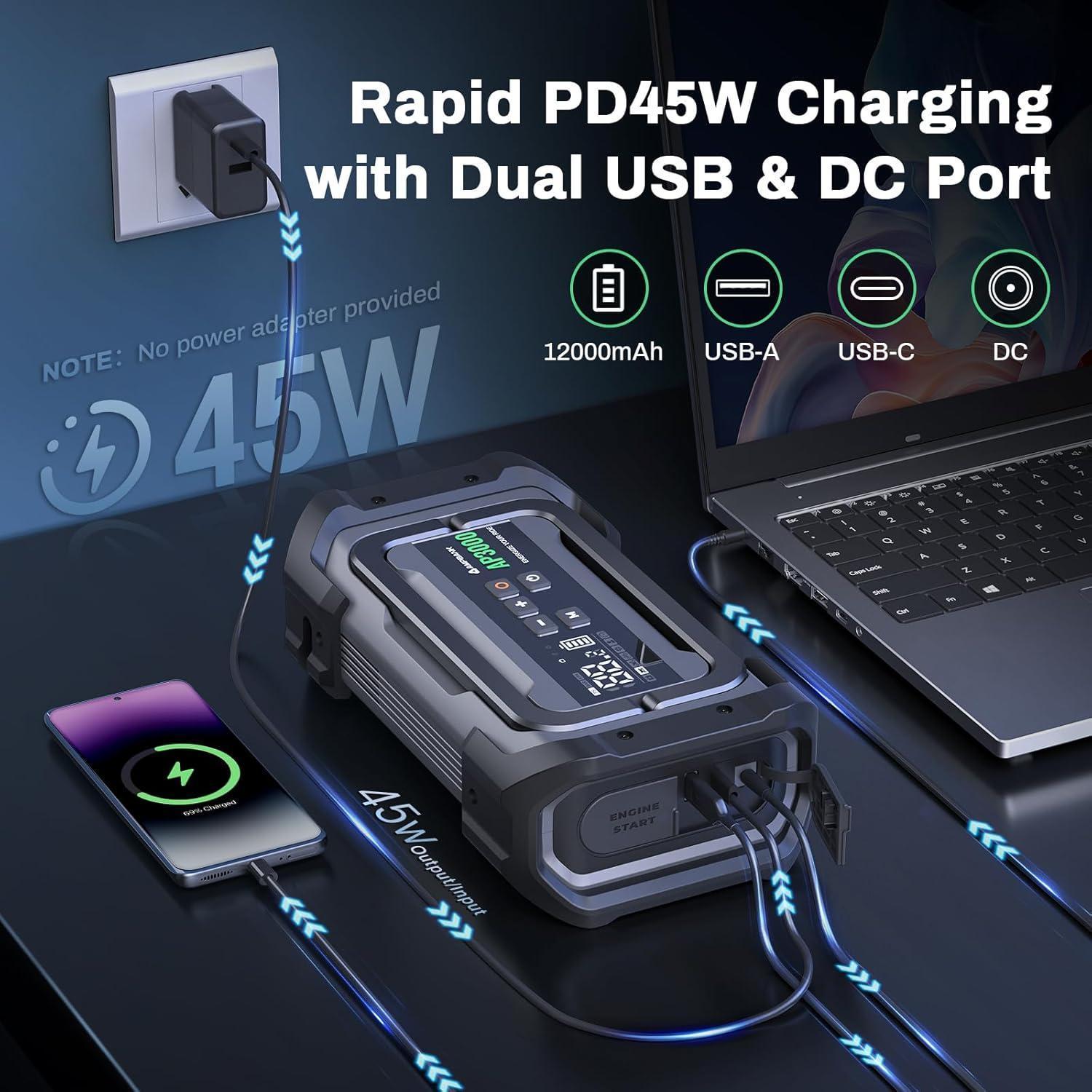 3000A Portable Car Emergency Starter Power Supply With Inflator Function 150PSI Digital Tire Inflator 12V Car Battery Charger With LED Lighting LCD Display