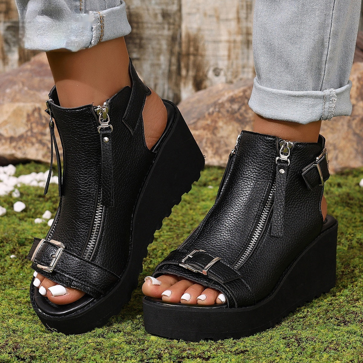 Round Toe Double Zipper Heel Buckle Hollow Women's Sandals